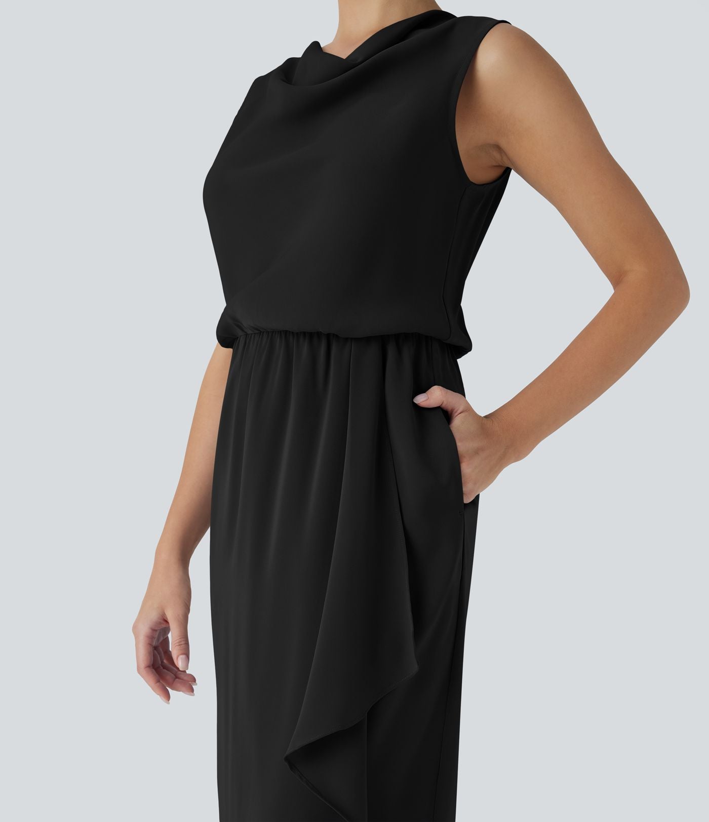 Robe midi de voyage défroissage facile, col bénitier, ourlet croisé et poches