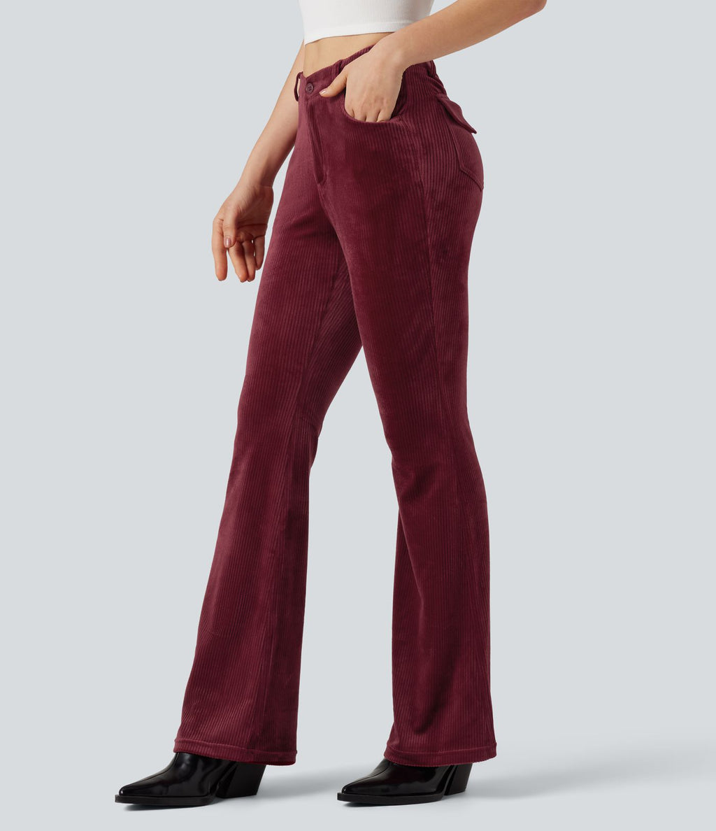 Pantalon évasé velours côtelé ceinture en V taille haute avec poches