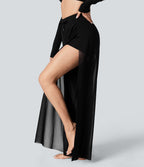 Pantalon Yoga 2 en 1 à Taille Haute avec Cordon de Serrage Maille Contrastée Fendu Poche Latérale et Jambes Amples et Fluides