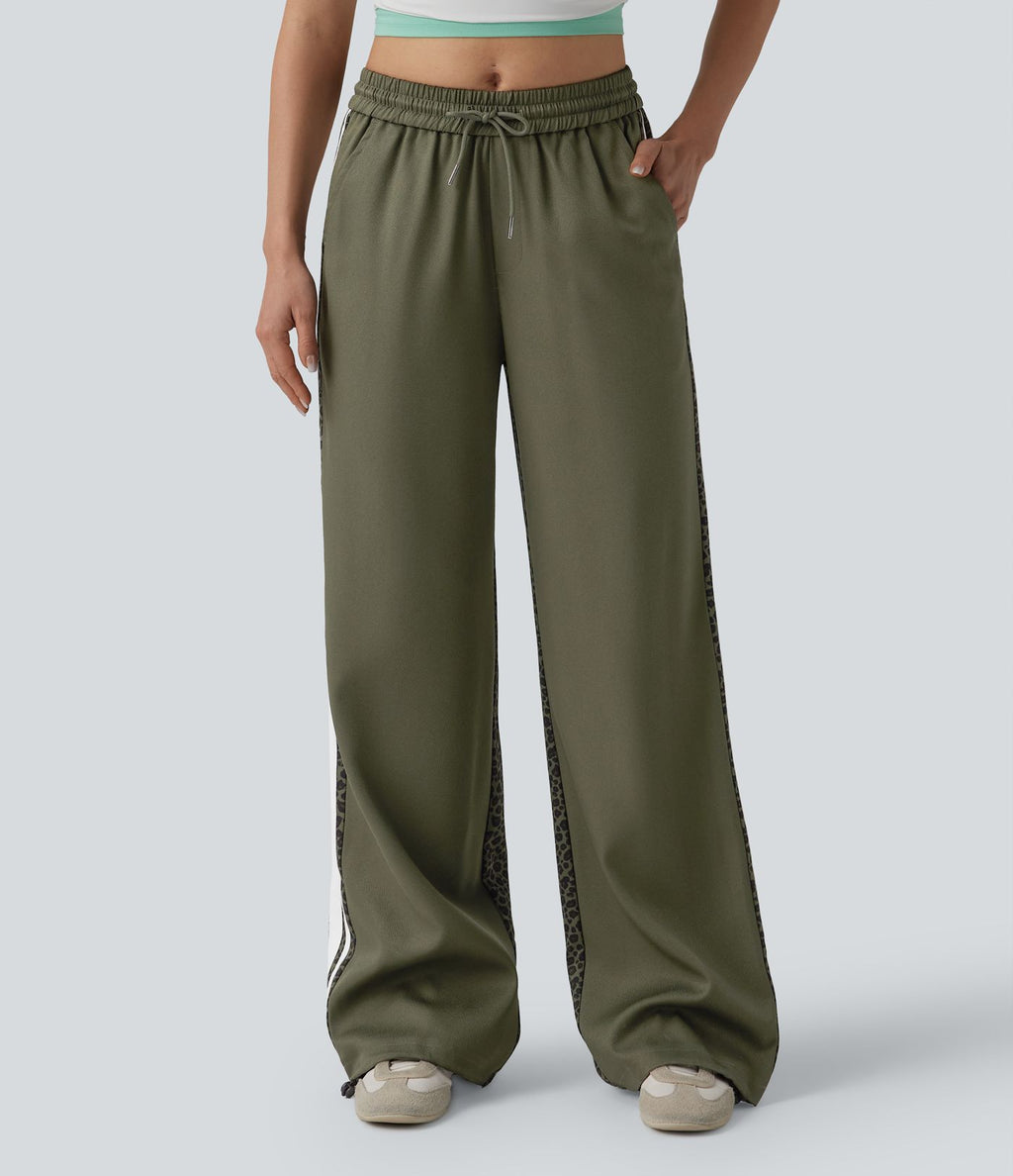Pantalon ample décontracté taille mi-haute avec cordon de serrage color block rayures léopard contrastant avec poches