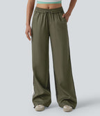 Pantalon ample décontracté taille mi-haute avec cordon de serrage color block rayures léopard contrastant avec poches