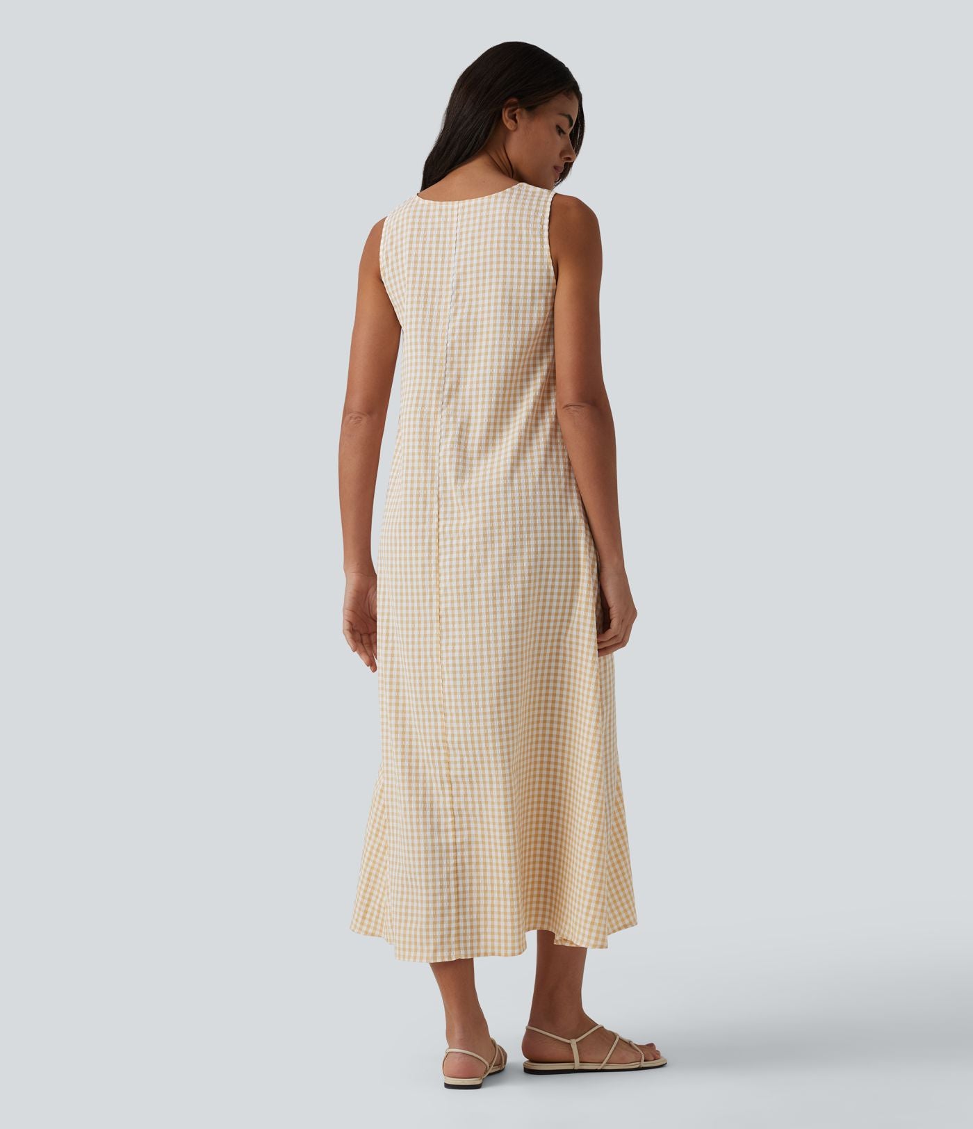 Robe débardeur midi décontractée col rond sans manches en vichy froissé avec poches