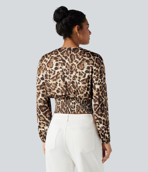 Blouse courte col V manches longues imprimé léopard