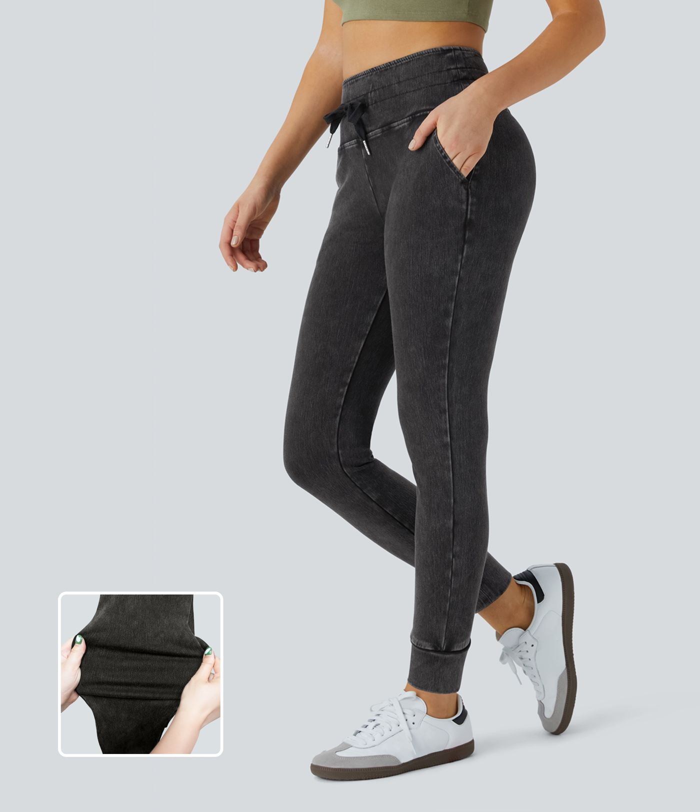 Halara Flex™ Jean Casual Taille Haute avec Cordon de Serrage et Poches Latérales en Tricot Extensible Lavé