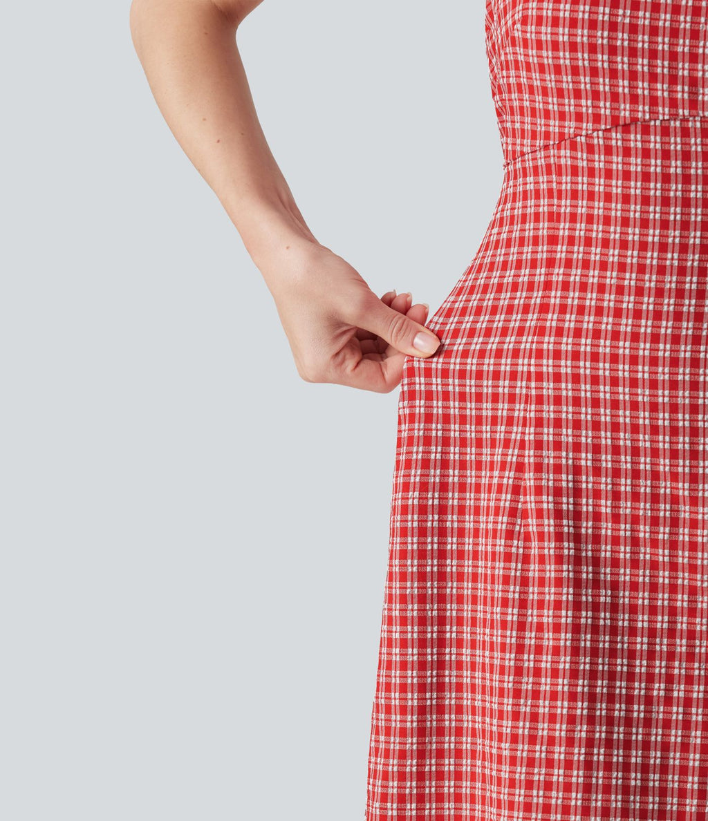 Robe mini vichy à col carré avec lien à nouer au dos et poches