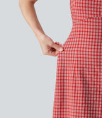 Robe mini vichy à col carré avec lien à nouer au dos et poches