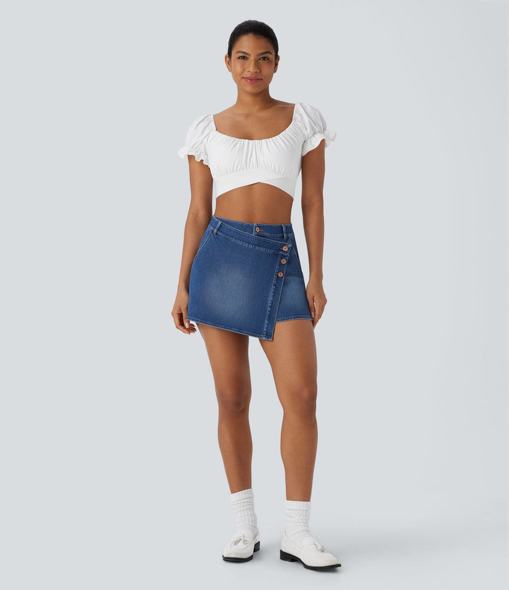 Halara Flex™ Short décontracté en jean extensible effet délavé à taille haute avec poches multiples et détail enveloppant