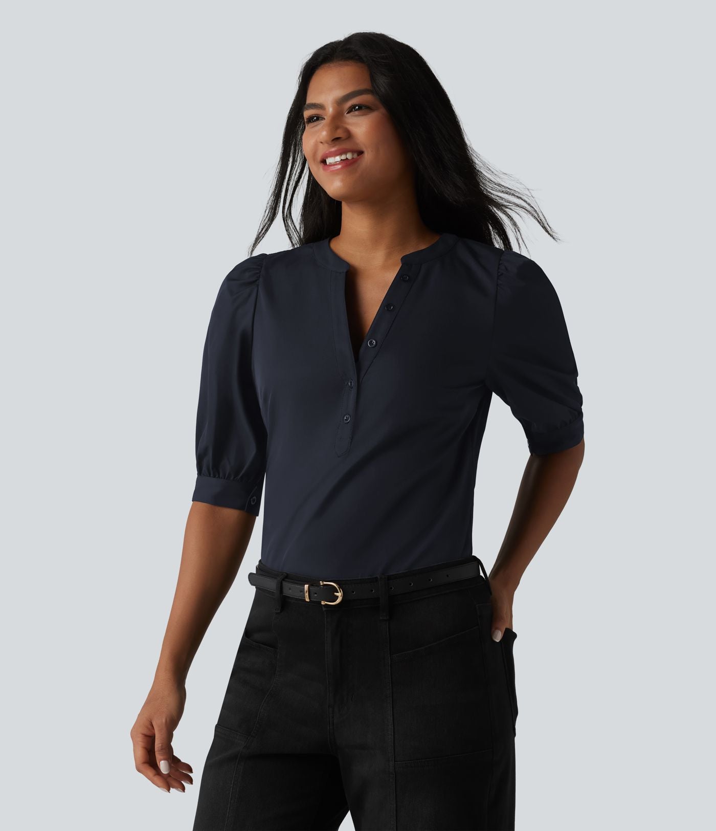Blouse décontractée col Henley manches bouffantes mi-longues