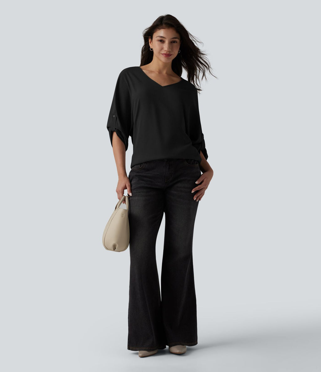 Blouse esprit bureau défroissage facile, col V et manches longues