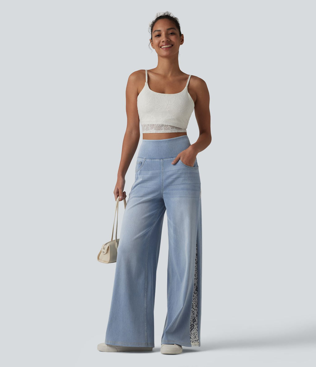 Jean large Halara Flex™ décontracté taille haute avec poches et dentelle contrastée