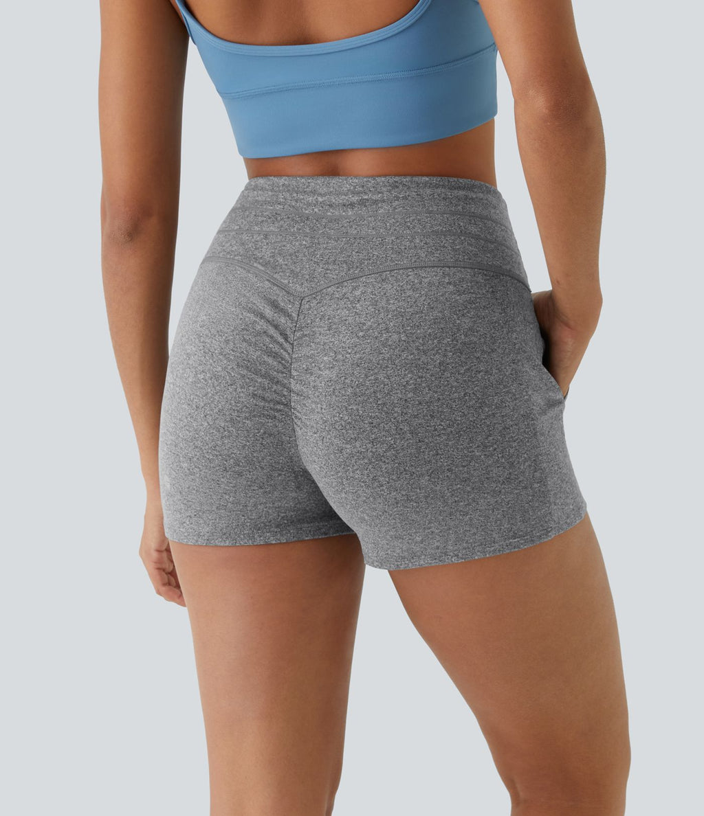 Short Yoga à Taille Haute avec Cordon de Serrage Poches Latérales et Ruches