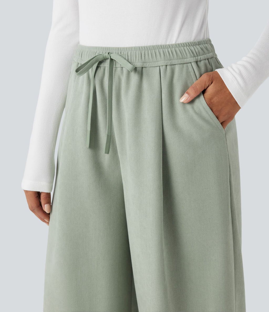 Pantalon large taille haute avec cordon de serrage et poches
