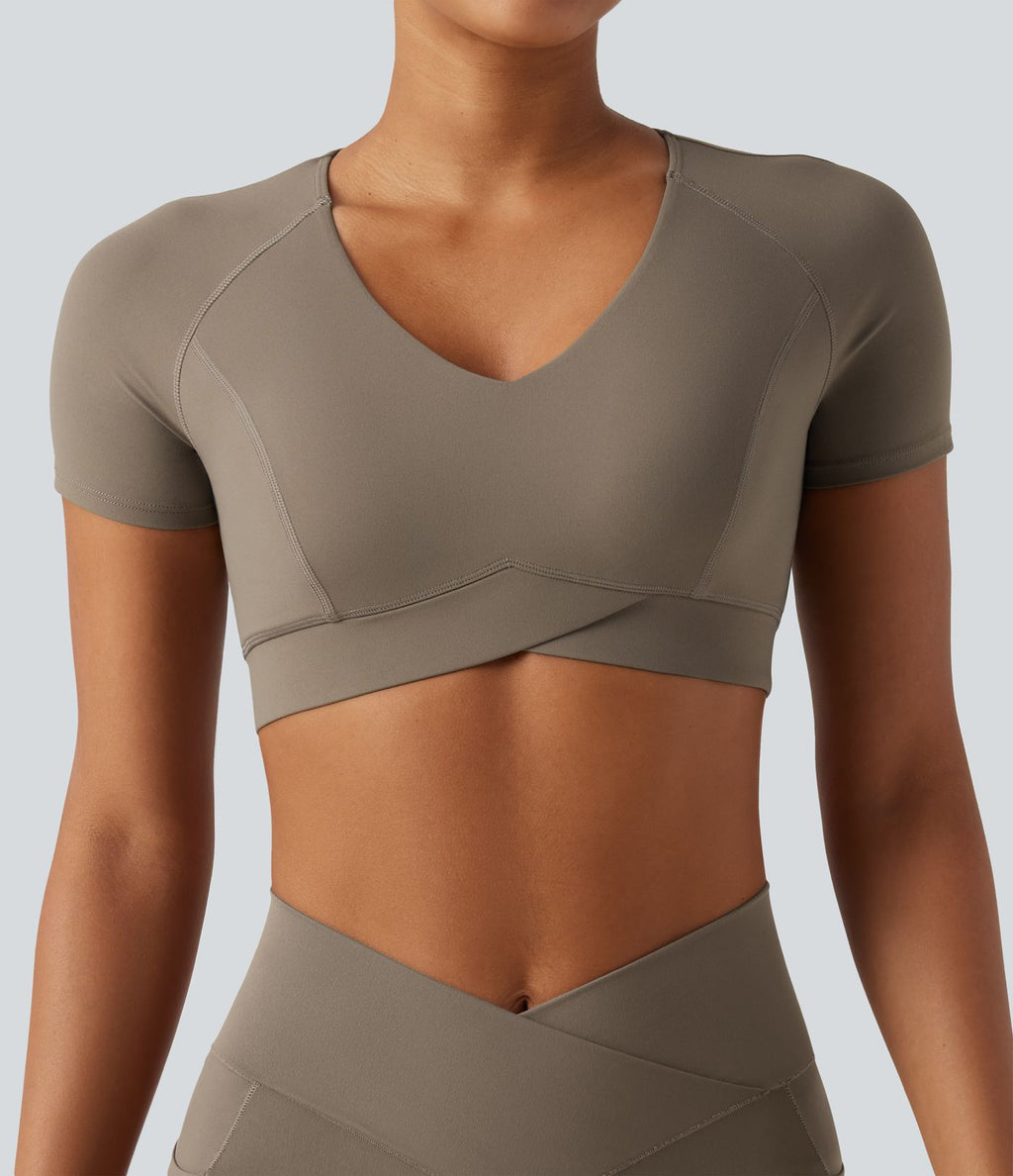 Crop top col V manches courtes Halara UltraSculpt™, base croisée et coussinets amovibles