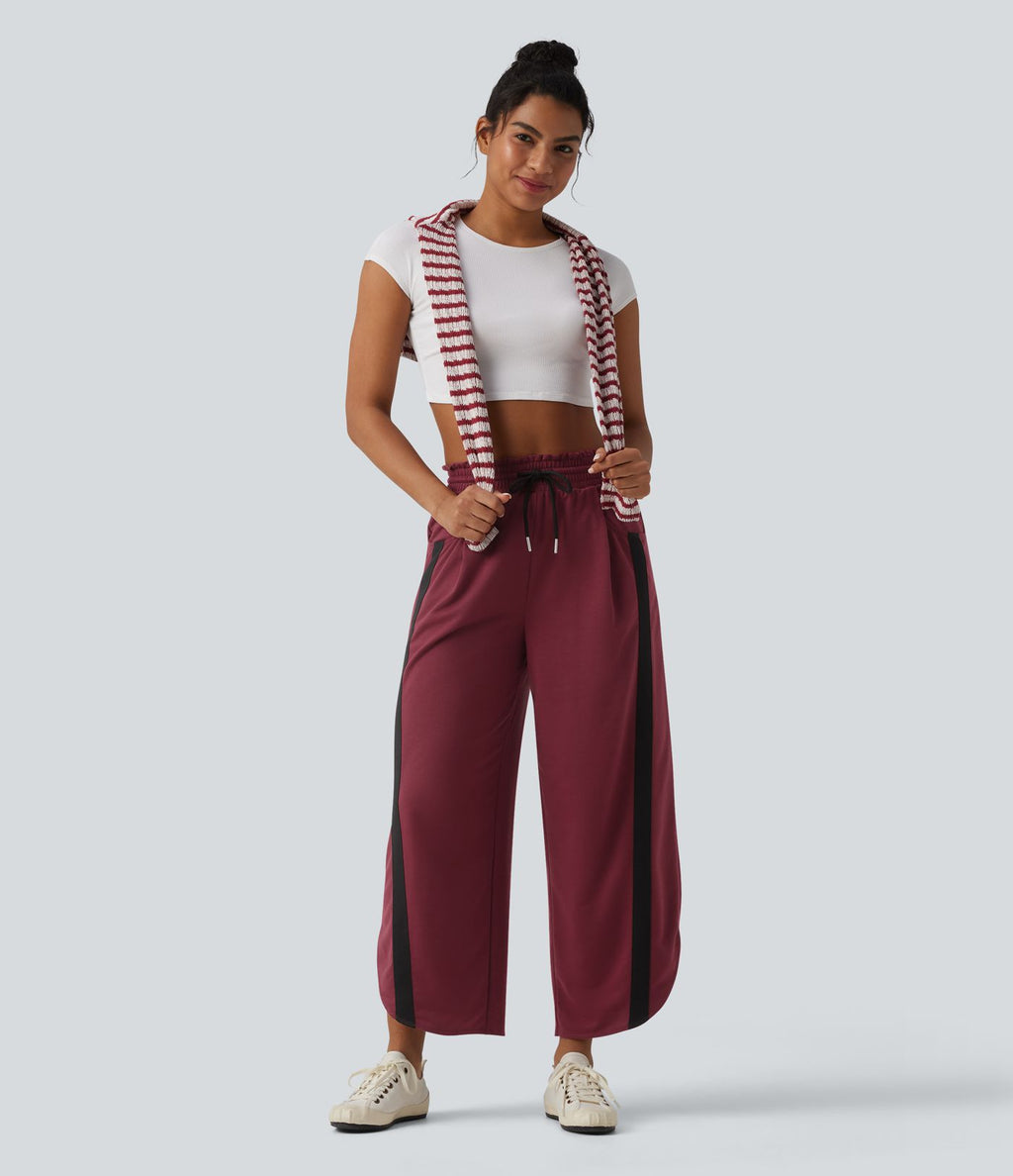 Pantalon de jogging casual large color block taille haute avec cordon de serrage, ourlet courbe et poches