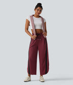 Pantalon de jogging casual large color block taille haute avec cordon de serrage, ourlet courbe et poches