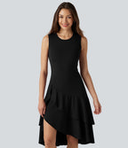 Robe midi décontractée SoftlyZero™ Airy col rond, sans manches, ourlet à volants étagés, à effet frais InstantCool