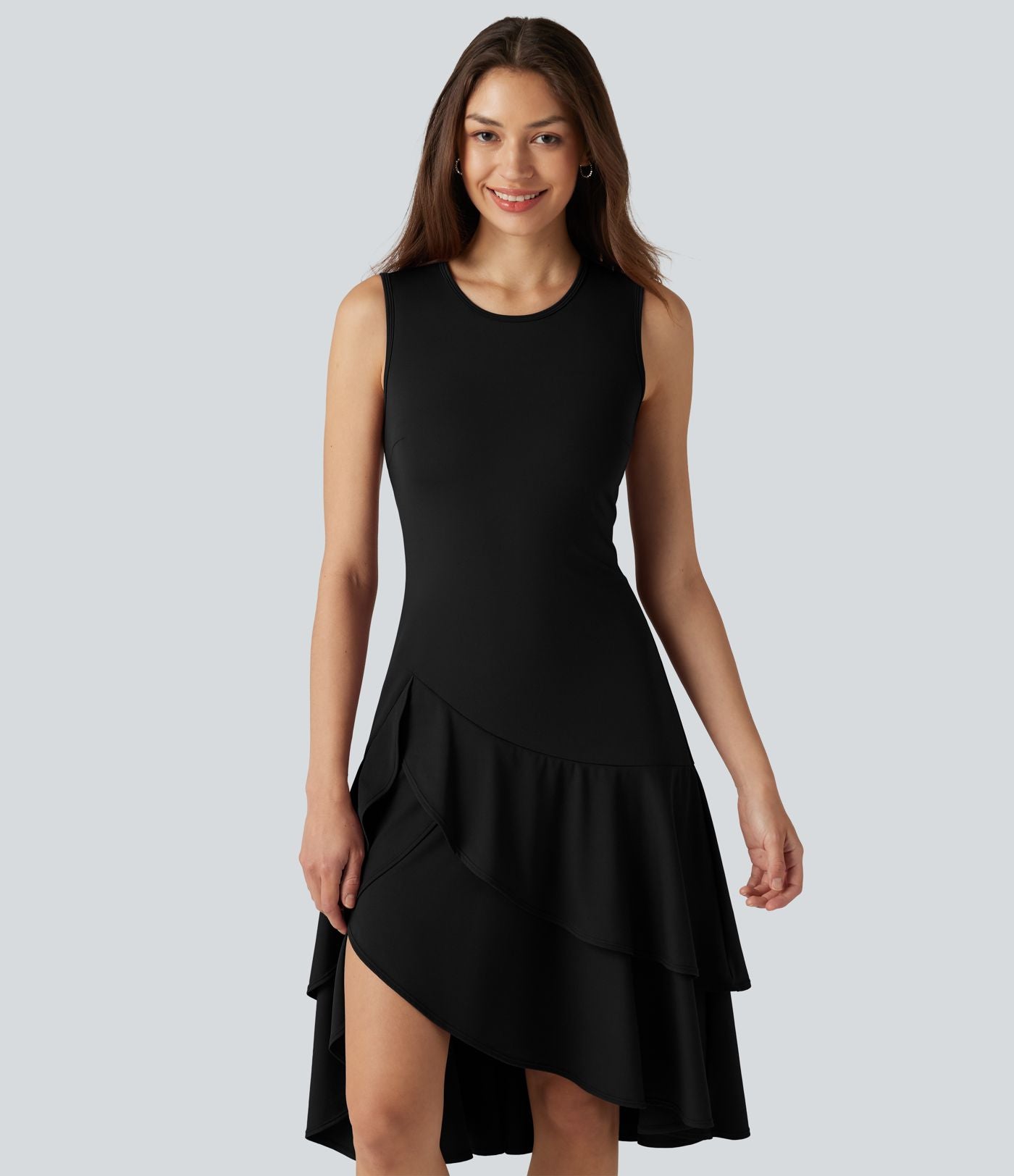 Robe midi décontractée SoftlyZero™ Airy col rond, sans manches, ourlet à volants étagés, à effet frais InstantCool