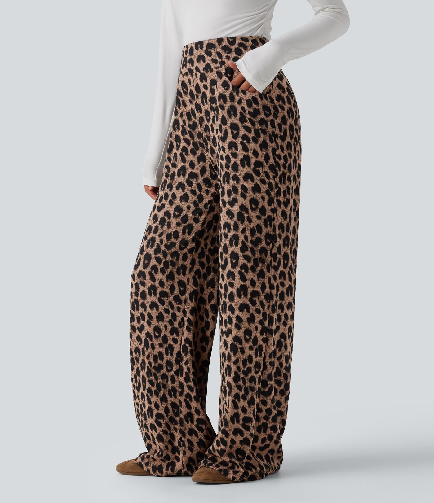 Pantalon large décontracté taille haute gaufré imprimé léopard avec poches