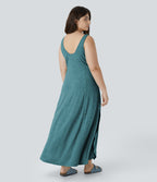 Robe Maxi Casual Grande Taille à Col U Sans Dos Fendue et Fluide