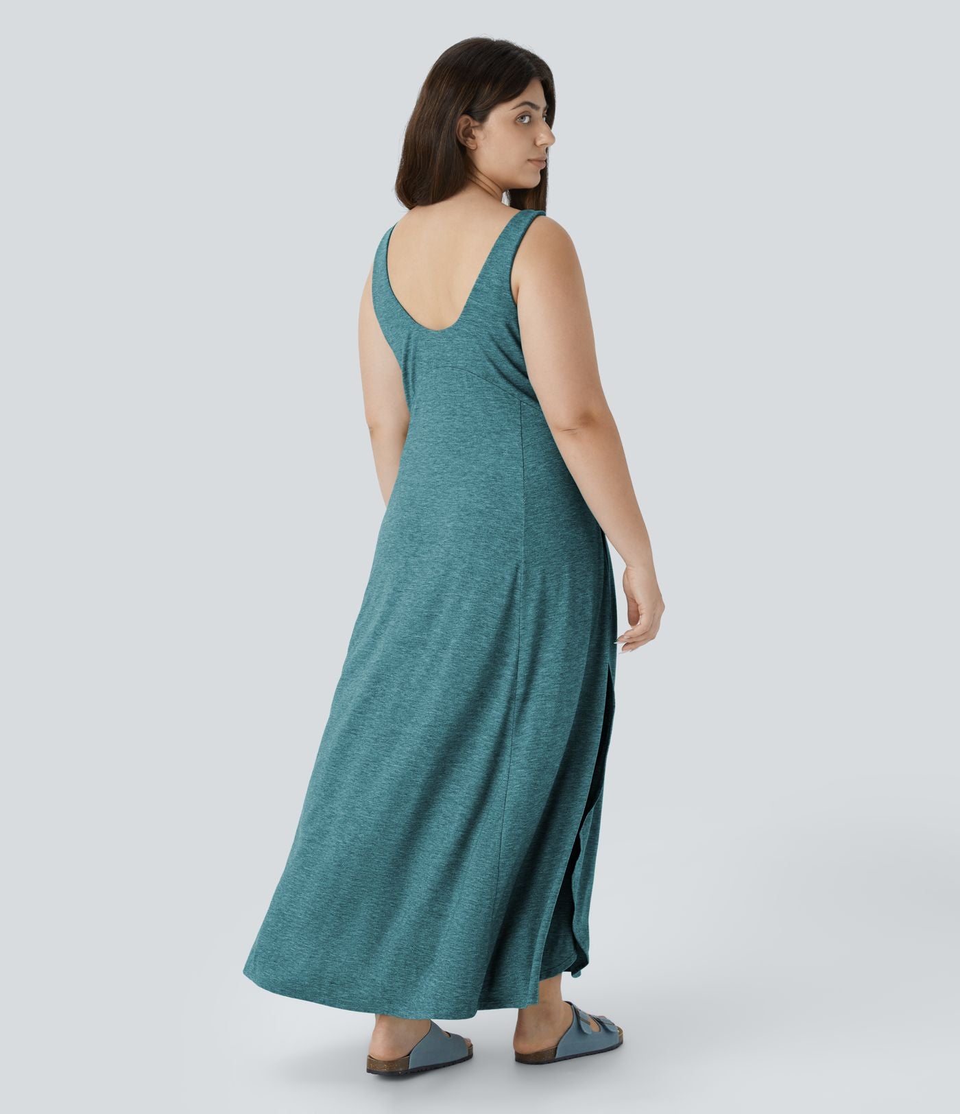 Robe Maxi Casual Grande Taille à Col U Sans Dos Fendue et Fluide