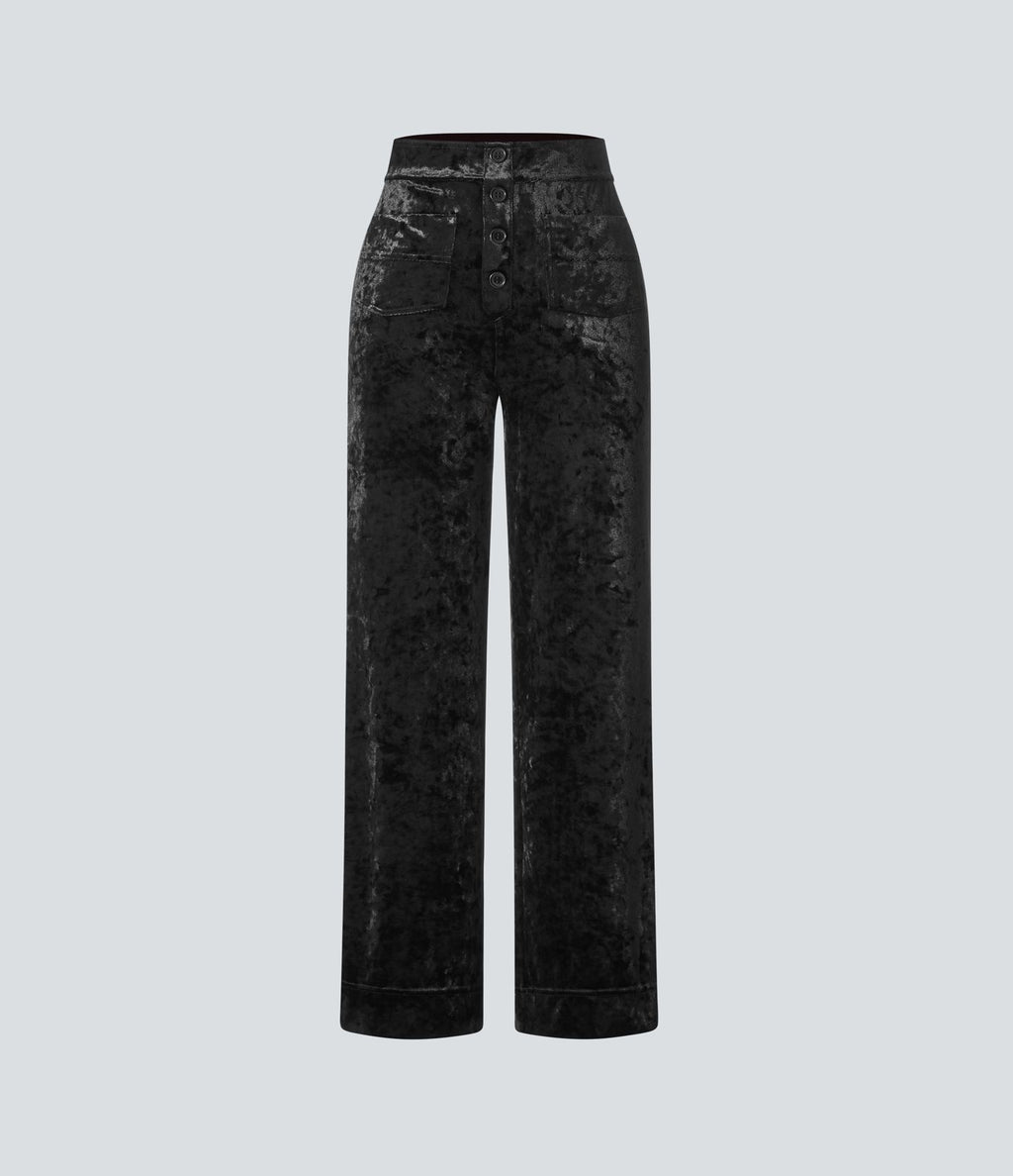 Pantalon Casual en Velours Taille Haute avec Bouton Multipoches Droites