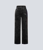Pantalon en Velours Taille Haute avec Bouton Multipoches Droites