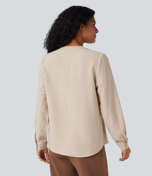 Blouse de travail manches longues col V à plis coupe décontractée
