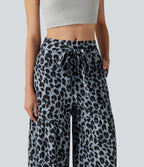 Pantalon ample décontracté taille mi-haute avec nœud devant imprimé léopard avec poches