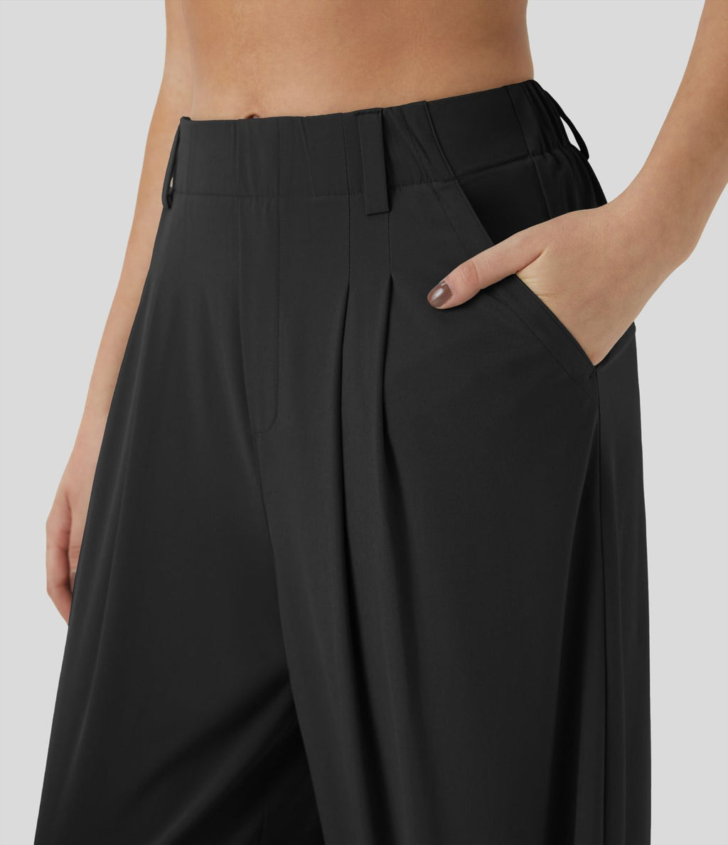 Breezeful™ Pantalon Large Fluide Taille Haute Poches Latérales Palazzo Solide Casual Linen-Feel