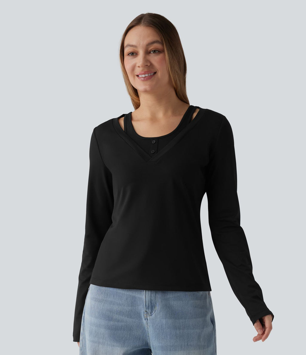 T-shirt casual 2-en-1 col V à manches longues