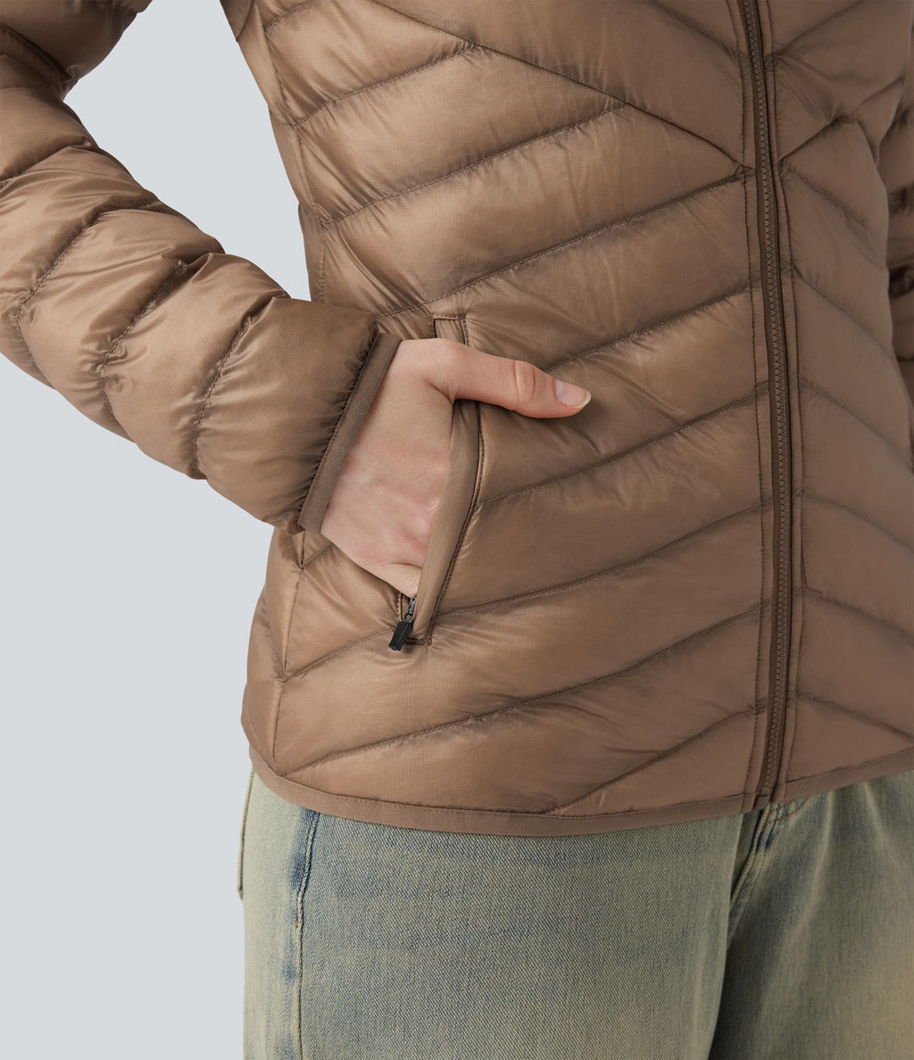 Veste casual compactable en duvet synthétique zippée à col montant et manches longues avec poches