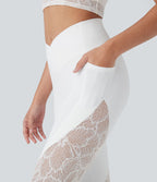 Legging de yoga 7/8 taille haute avec poches latérales, dos croisé et dentelle contrastante Softlyzero™-UPF50+