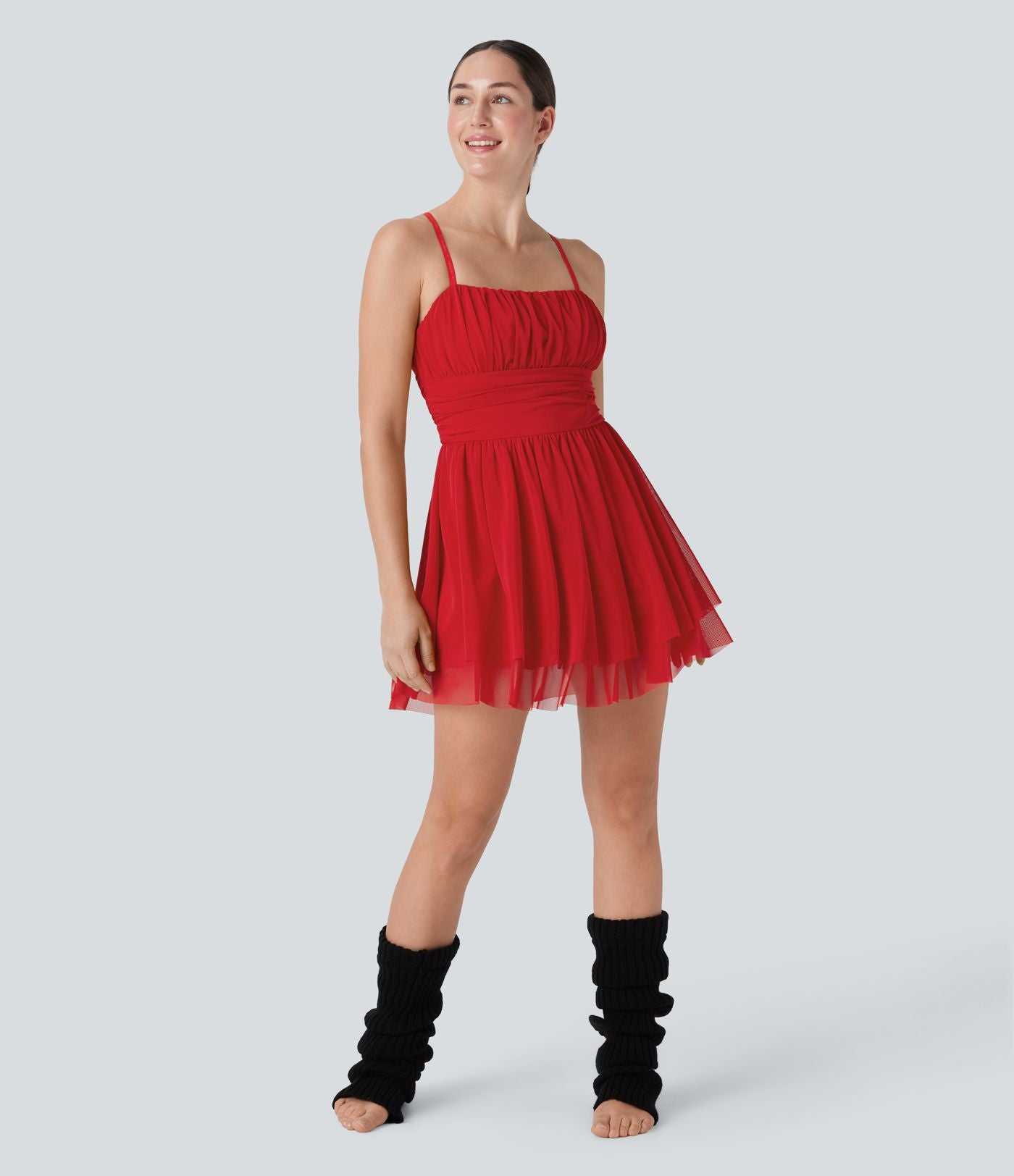 Robe active slip de danse mini 2-en-1 avec superposition en mesh froncée à volants et poche-Easy Peasy