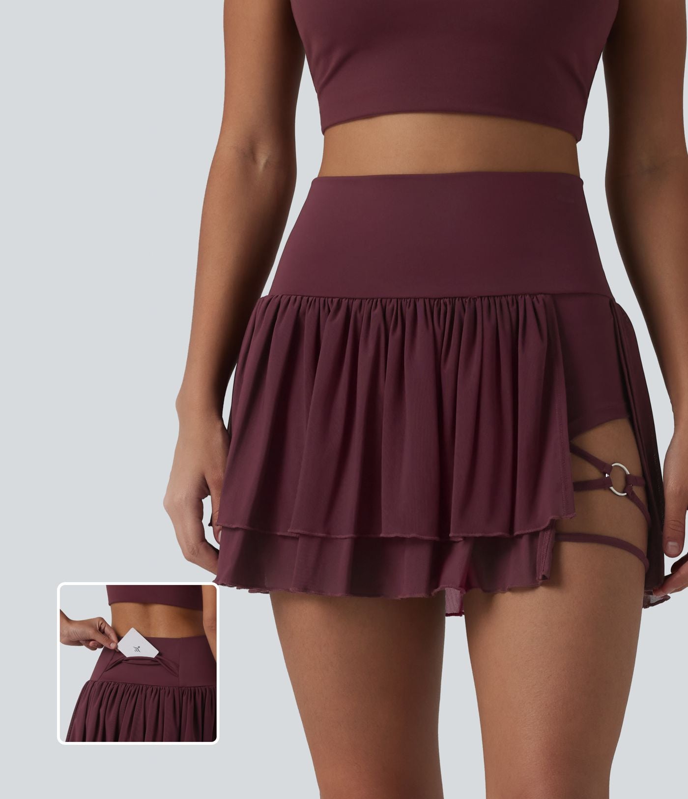 Jupe de danse mini 2-en-1 en mesh respirant à volants et ourlet asymétrique taille haute avec poches