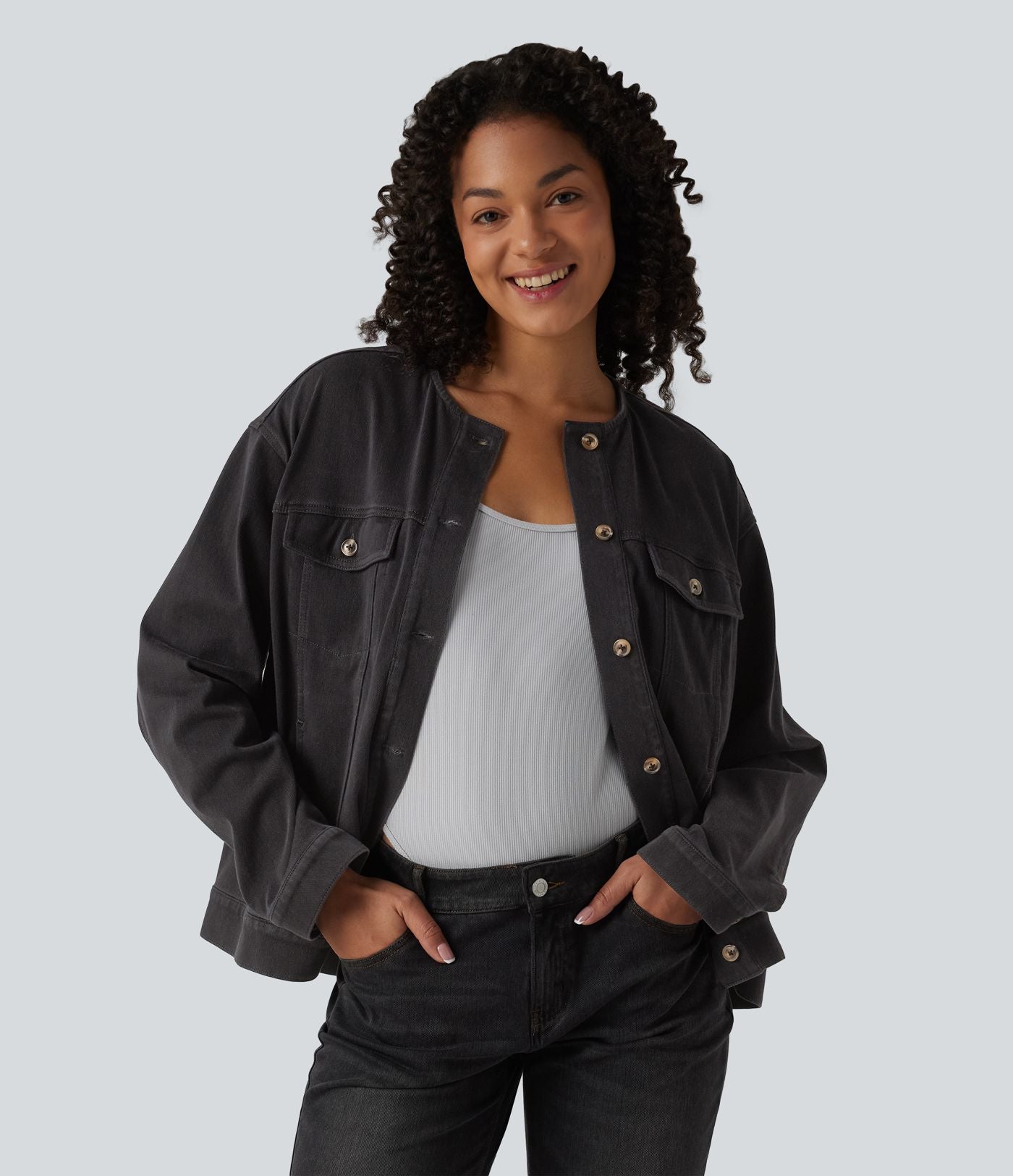 Halara Flex™ Veste décontractée en jean col rond manches longues avec poches