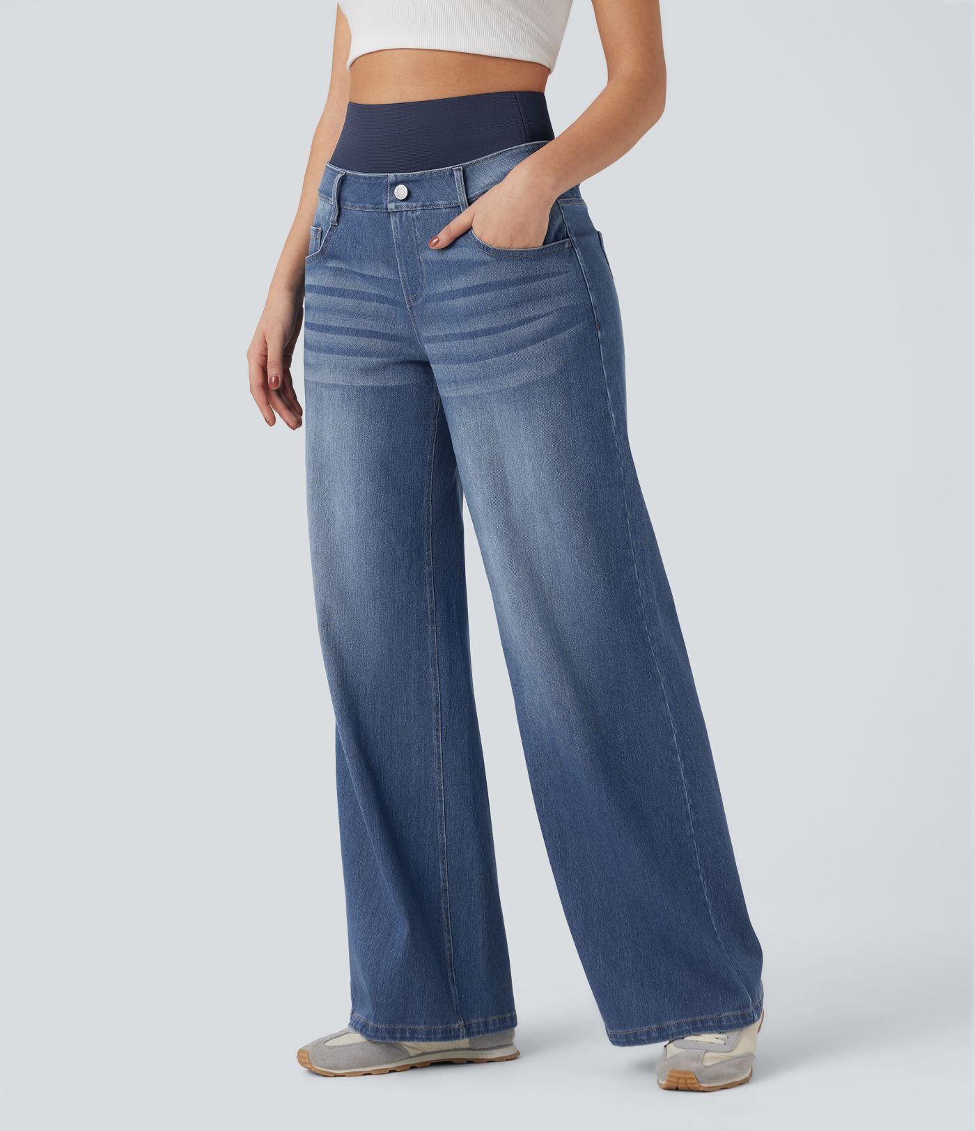 Jean large délavé Halara Flex™ taille haute gainant avec poches