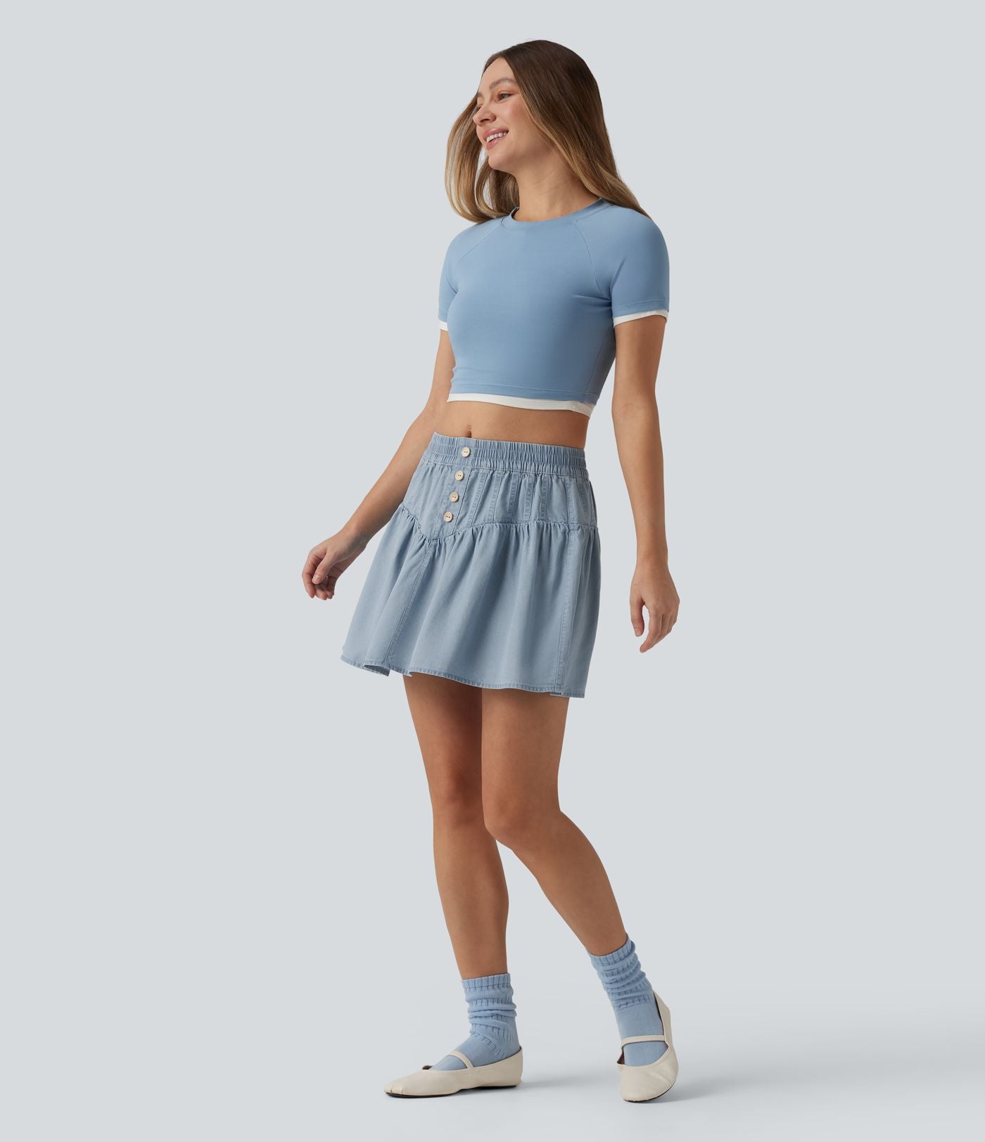 Jupe mini casual trapèze en denim lyocell drapé taille mi-haute