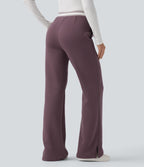 Pantalon jogging évasé molleton coton taille haute avec cordon de serrage, poches, empiècements contrastés et ourlet fend