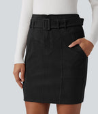 Jupe de travail mini moulante en daim taille haute avec ceinture et poches