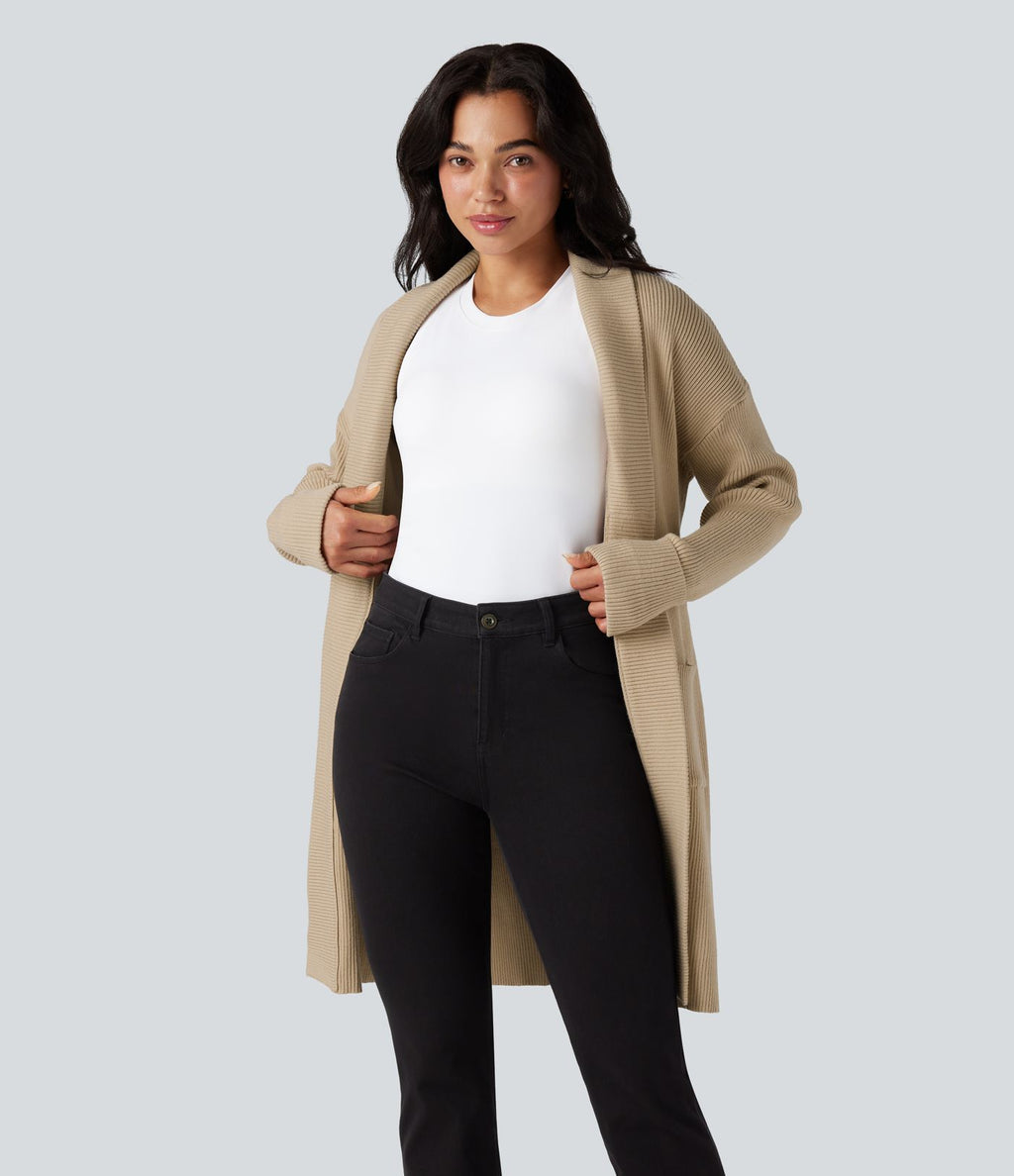 Cardigan long col tailleur ceinturé manches longues avec poches