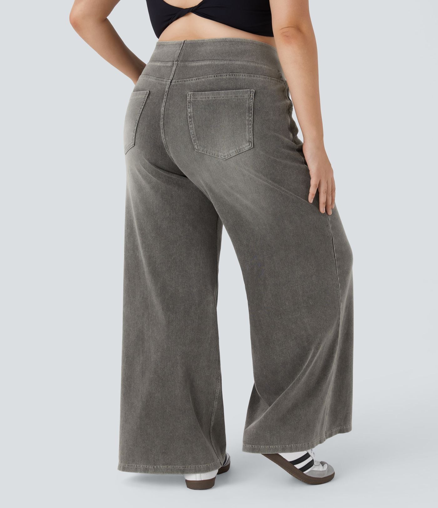 Halara Flex™ Jeans Larges Casual Taille Haute Multiples Poches Lavés Élastiques et Tricotés Grande Taille