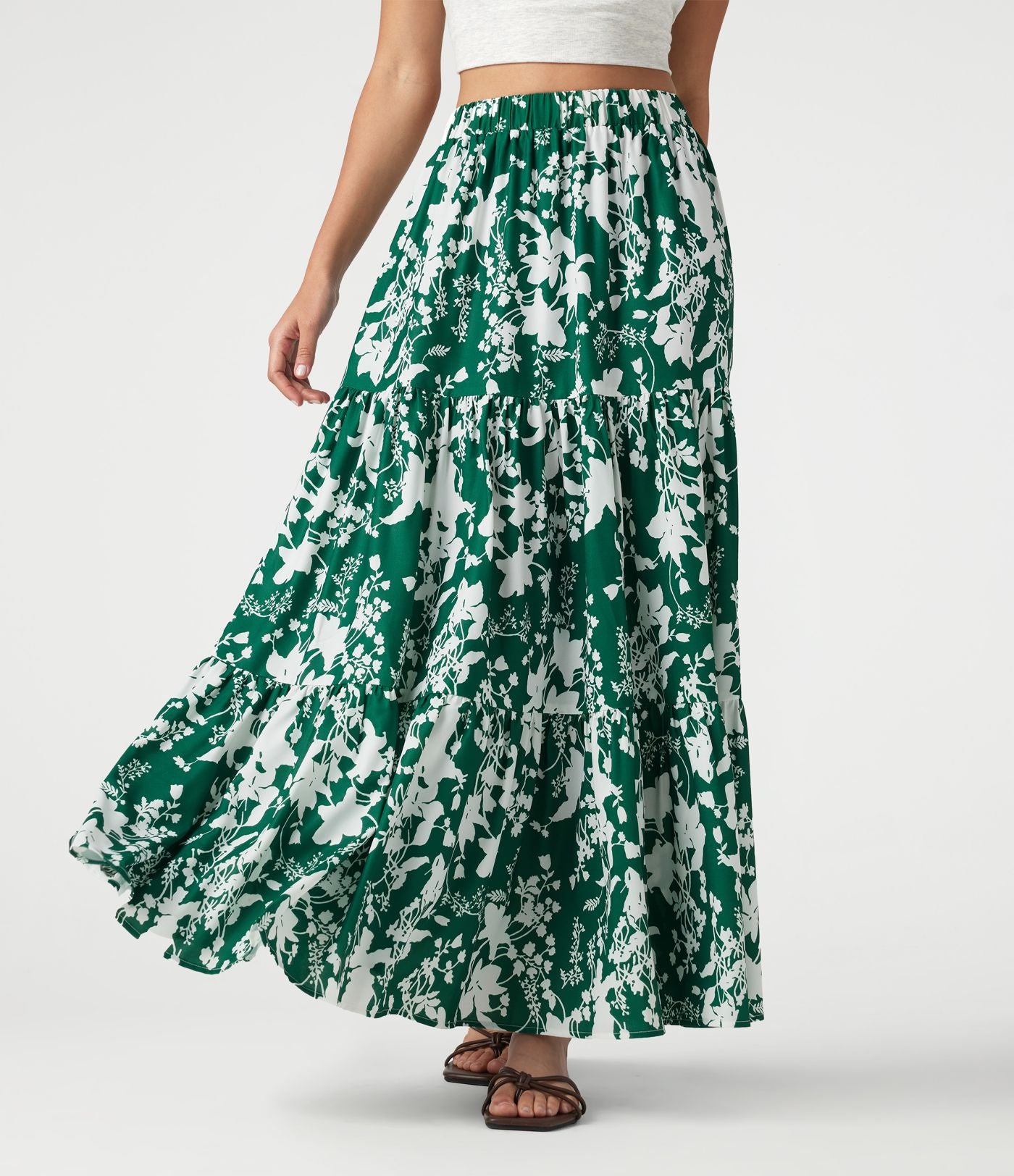 Jupe longue fluide taille haute à volants superposés imprimé floral pour les vacances