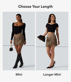 Jupe mini moulante 2-en-1 en daim pour soirée, ourlet à franges croisé, taille haute — version longue