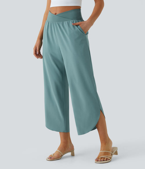 Breezeful™ Pantalon Fluide Vacances Séchage Rapide Taille Haute Croisée Poches Latérales Plissées Fente