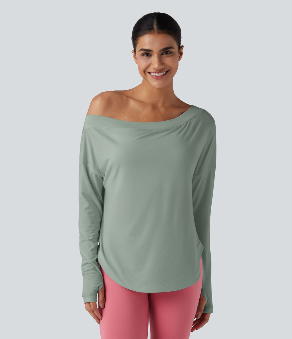 Top de sport yoga une épaule séchage rapide ourlet arrondi asymétrique manches longues avec trous pouces - Brassière intégrée