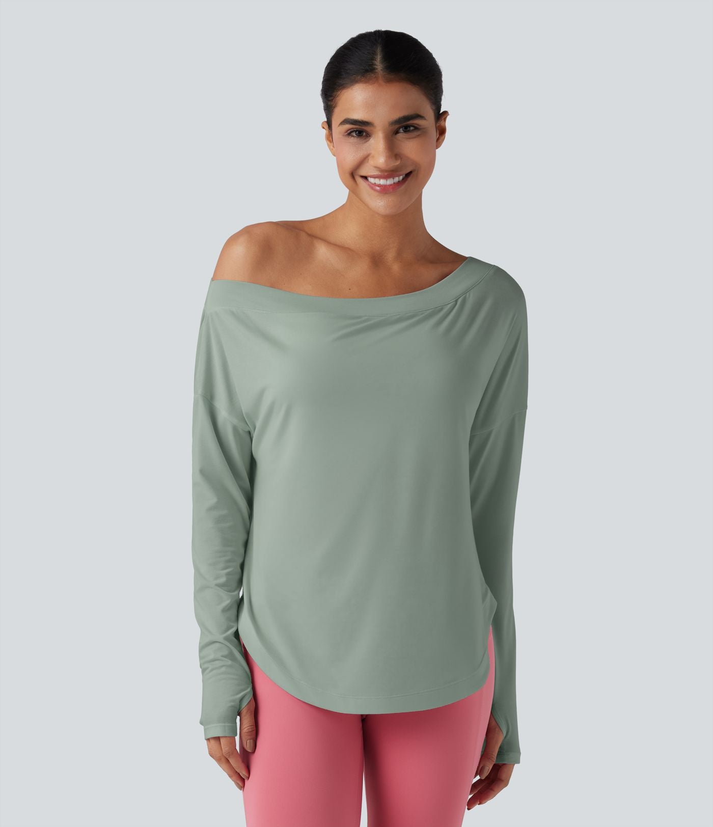Top de sport yoga une épaule séchage rapide ourlet arrondi asymétrique manches longues avec trous pouces - Brassière intégrée