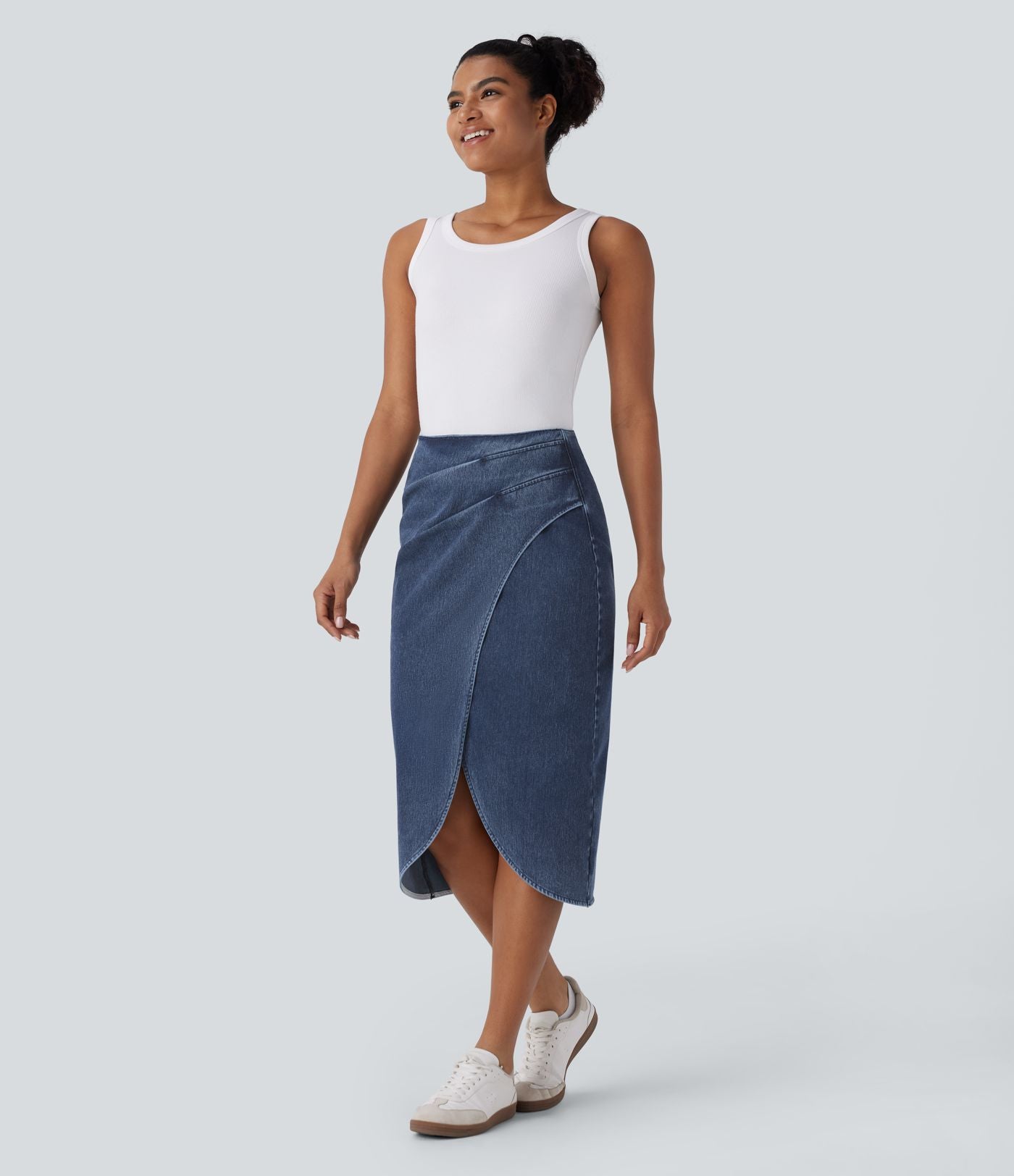 Halara Flex™ Jupe en Jean midi délavé taille haute avec zip dos, effet drapé et ourlet tulipe