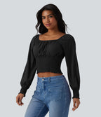 Blouse casual froncée à col carré et manches bouffantes