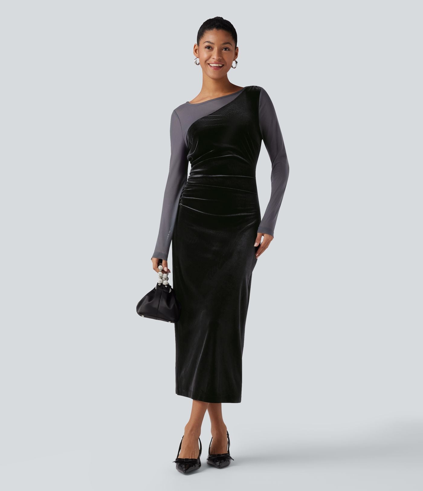 Robe de soirée midi en velours col rond à manches longues froncée avec mesh contrastant