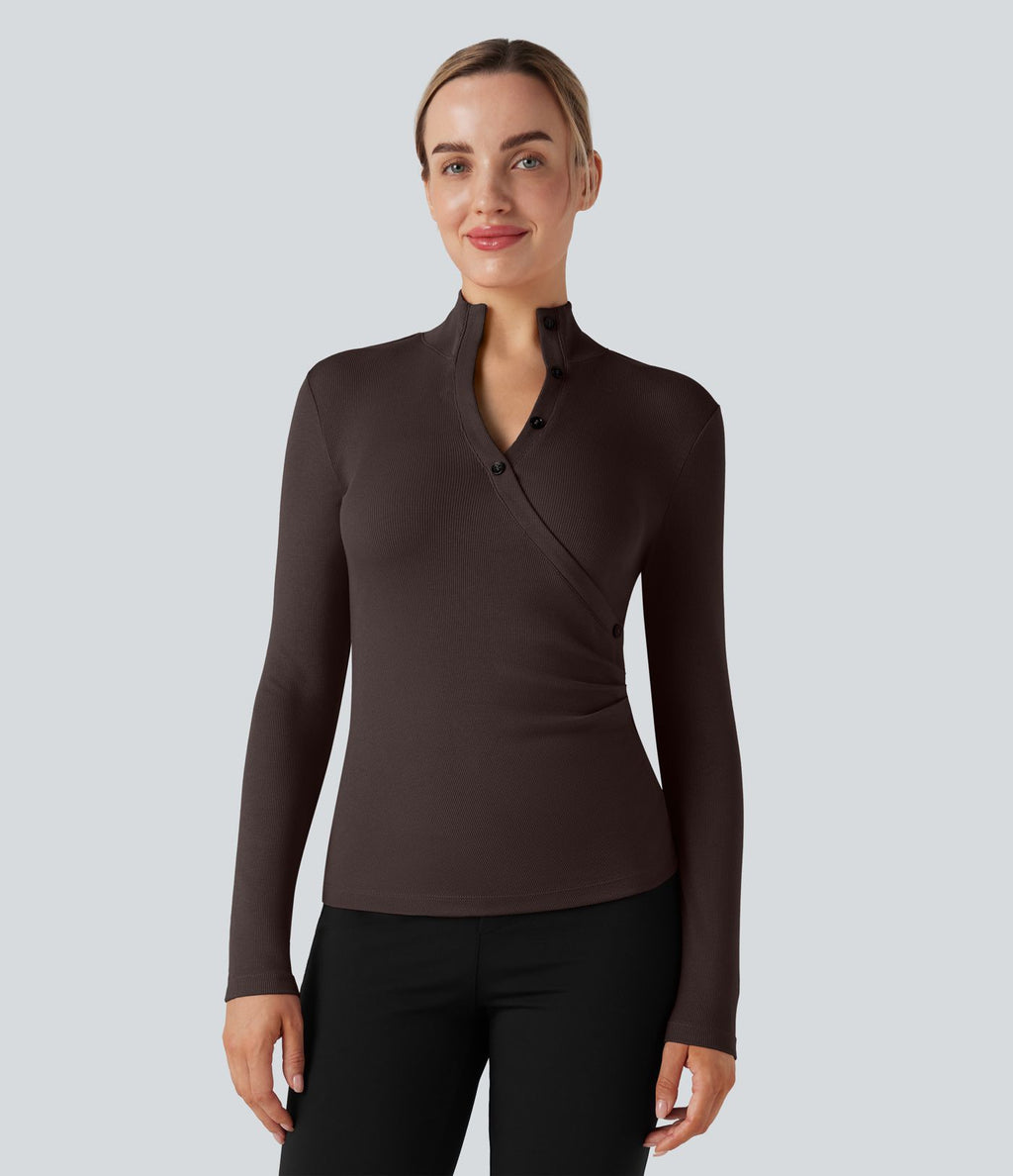 T-shirt tailleur côtelé col montant manches longues